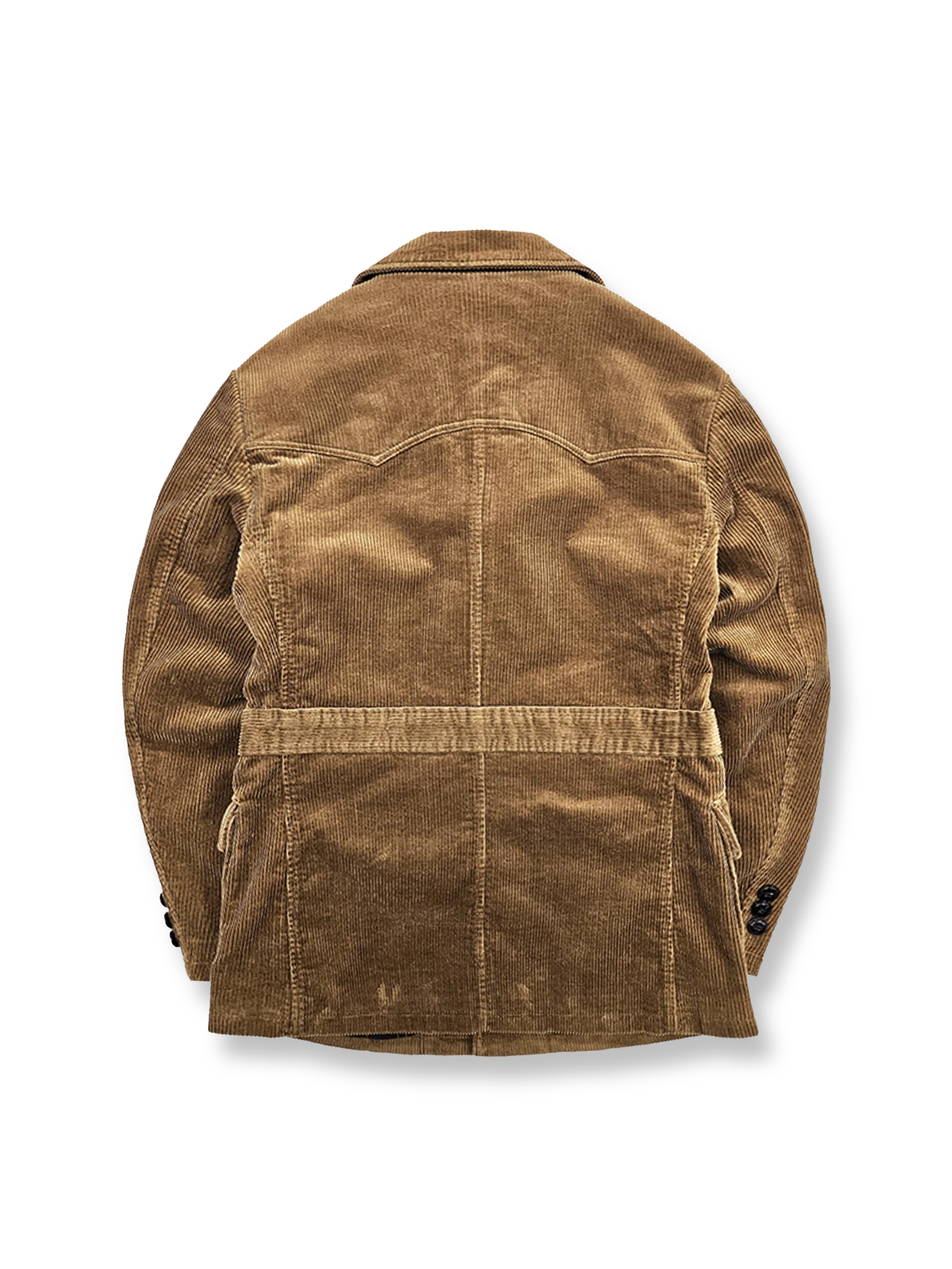 製品画像:アメリカンヴィンテージ風コーデュロイハンティングジャケットの正面展示。テーラードシルエットとコーデュロイ素材がエレガントでありながらタフな印象を演出。
詳細画像:天然のバッファローホーンボタンと英国風チェック柄裏地のディテール展示。クラシックな雰囲気と独特の質感が魅力。