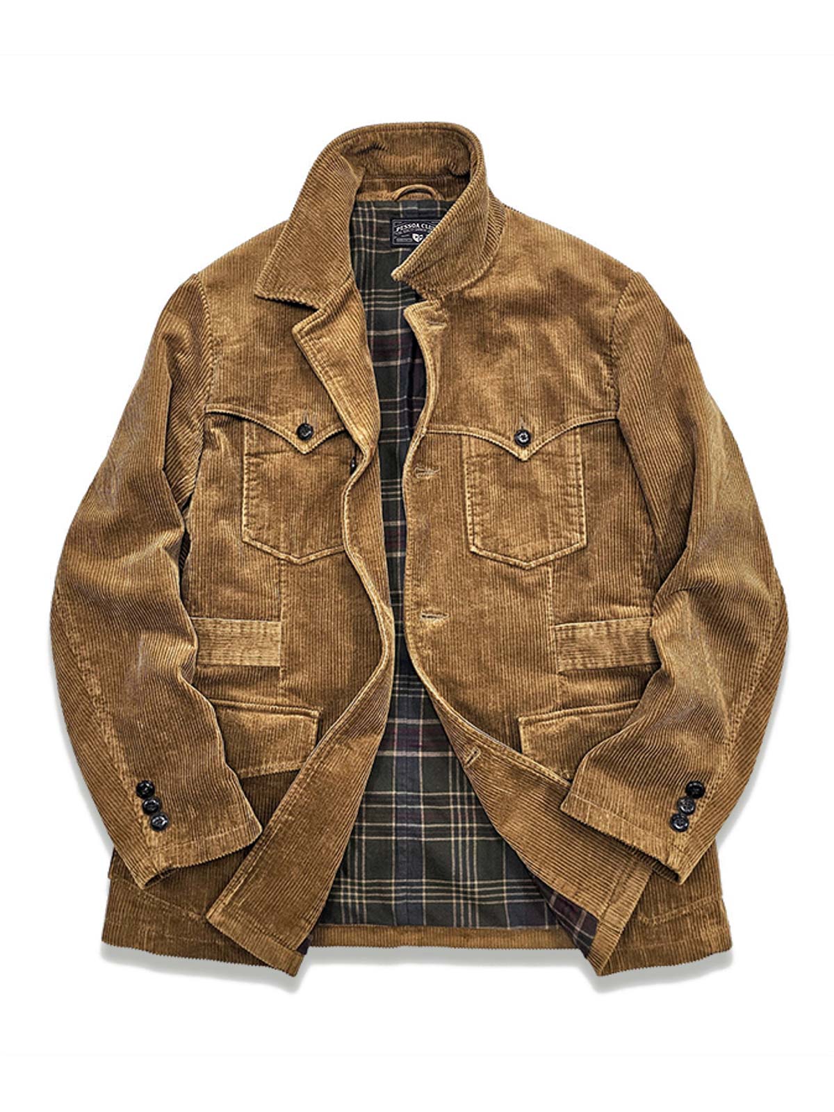 製品画像:アメリカンヴィンテージ風コーデュロイハンティングジャケットの正面展示。テーラードシルエットとコーデュロイ素材がエレガントでありながらタフな印象を演出。
詳細画像:天然のバッファローホーンボタンと英国風チェック柄裏地のディテール展示。クラシックな雰囲気と独特の質感が魅力。