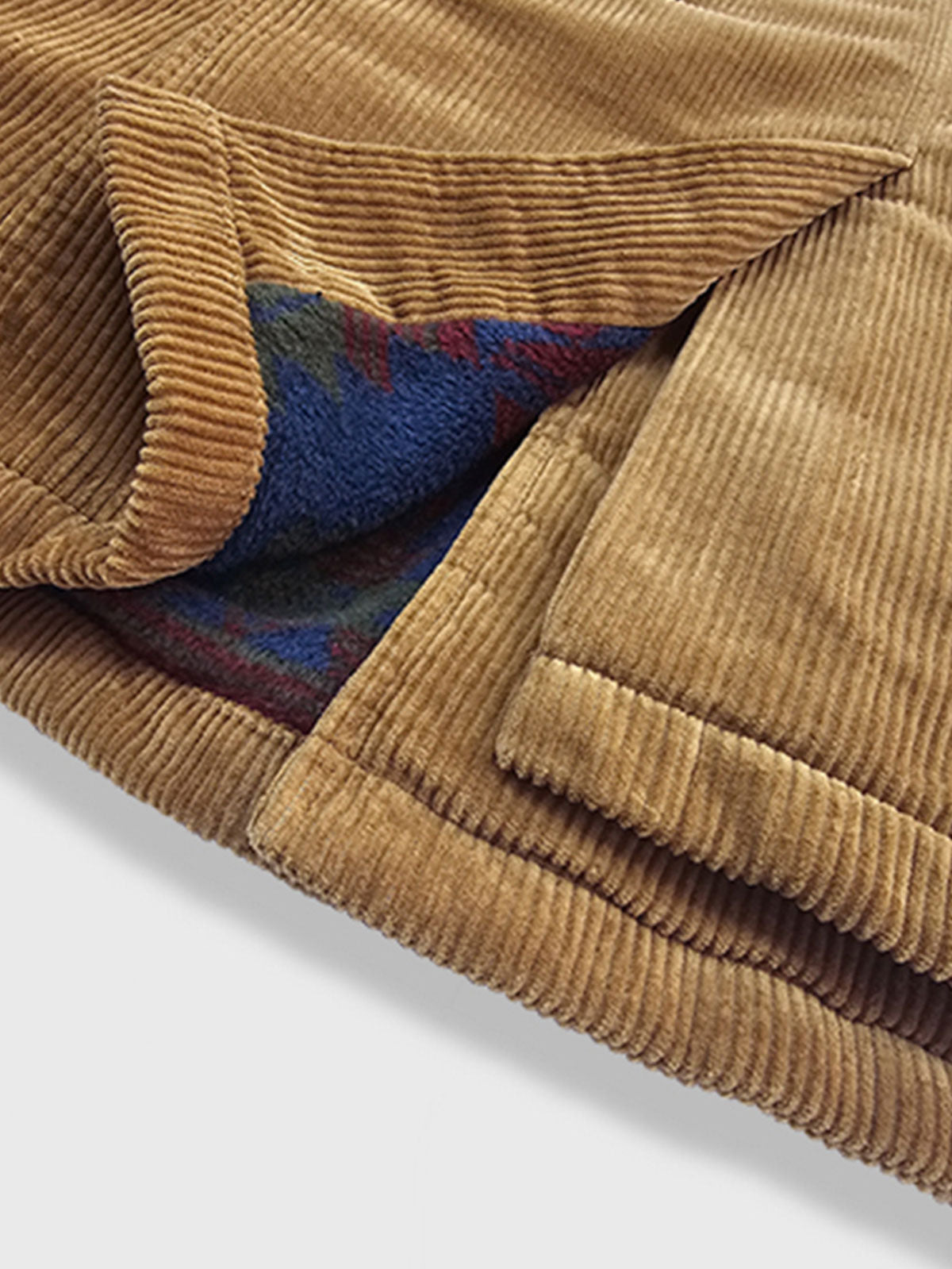 製品画像:アメリカンレトロスタイルのコーデュロイダブルブレストコートの正面図。厚手の生地で耐摩耗性に優れ、秋冬に最適。
詳細画像:ウシガシラボタンと本革で補強されたポケット口と袖口のディテール。アンカーデザインがレトロ感を引き立てます。