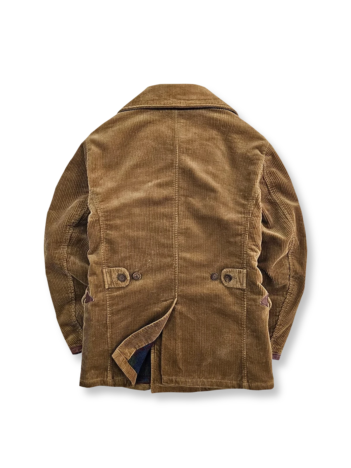 製品画像:アメリカンレトロスタイルのコーデュロイダブルブレストコートの正面図。厚手の生地で耐摩耗性に優れ、秋冬に最適。
詳細画像:ウシガシラボタンと本革で補強されたポケット口と袖口のディテール。アンカーデザインがレトロ感を引き立てます。