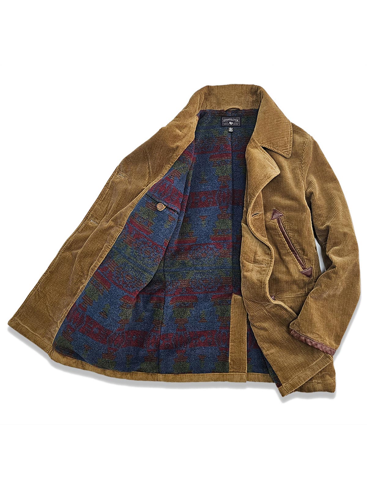 製品画像:アメリカンレトロスタイルのコーデュロイダブルブレストコートの正面図。厚手の生地で耐摩耗性に優れ、秋冬に最適。
詳細画像:ウシガシラボタンと本革で補強されたポケット口と袖口のディテール。アンカーデザインがレトロ感を引き立てます。