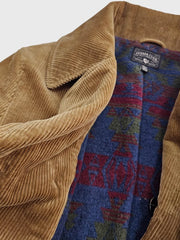 製品画像:アメリカンレトロスタイルのコーデュロイダブルブレストコートの正面図。厚手の生地で耐摩耗性に優れ、秋冬に最適。
詳細画像:ウシガシラボタンと本革で補強されたポケット口と袖口のディテール。アンカーデザインがレトロ感を引き立てます。