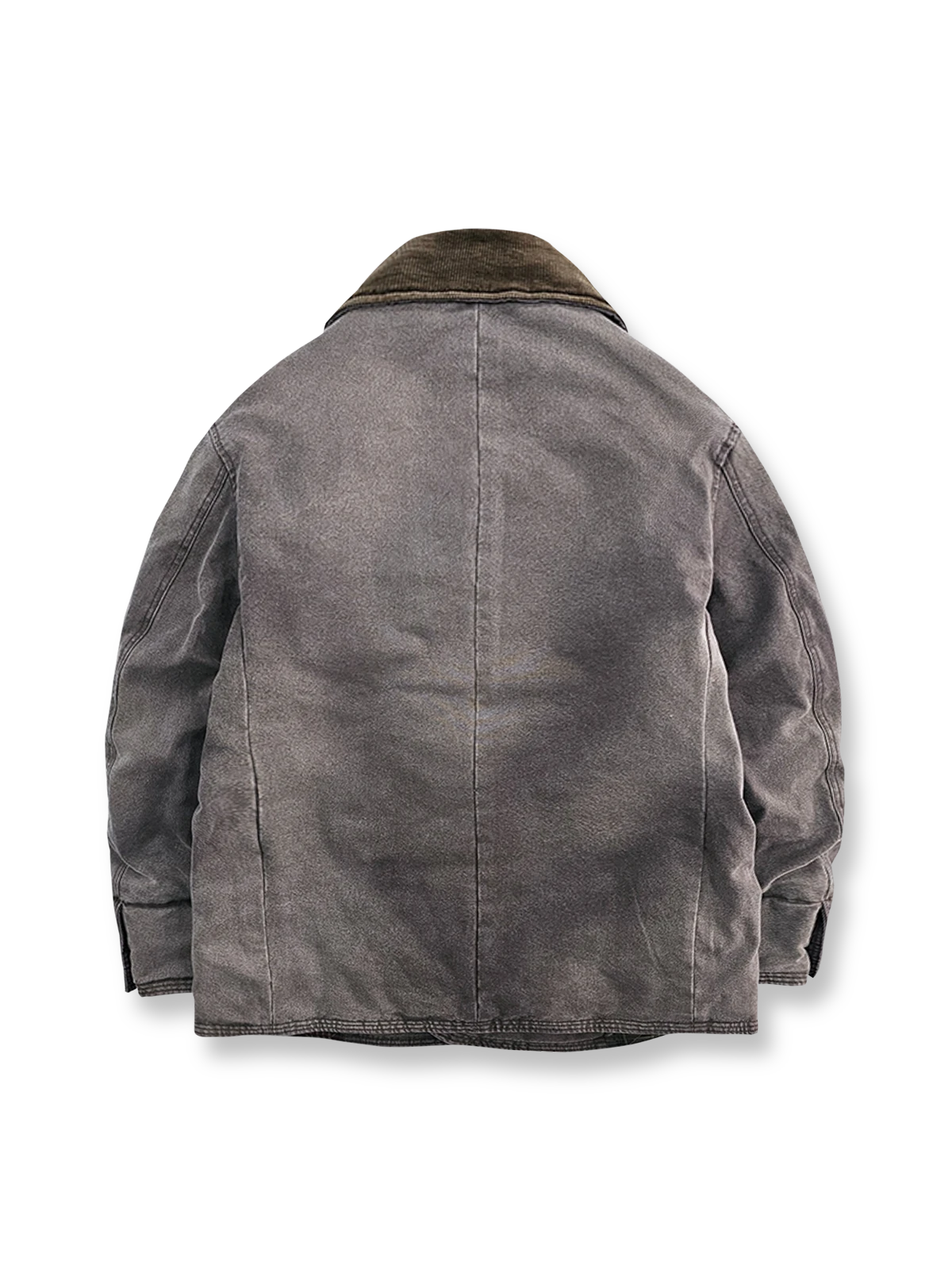 製品画像: ヴィンテージワーク風のダブルブレストジャケット全体像。独特な抜染加工が施され、天然焼き角ボタンがポイントの個性的なデザイン。
詳細画像: 焼き角ボタンとヴィンテージ加工のディテール。唯一無二のテクスチャーと風合いが感じられる仕上がりで、クオリティの高さが表現されています。