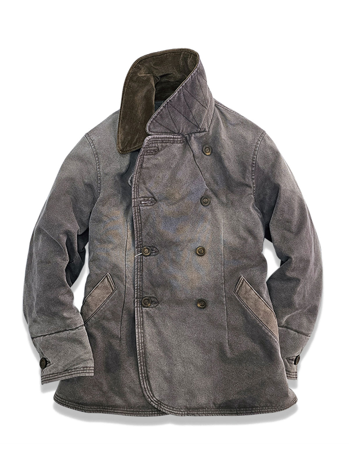 製品画像: ヴィンテージワーク風のダブルブレストジャケット全体像。独特な抜染加工が施され、天然焼き角ボタンがポイントの個性的なデザイン。
詳細画像: 焼き角ボタンとヴィンテージ加工のディテール。唯一無二のテクスチャーと風合いが感じられる仕上がりで、クオリティの高さが表現されています。