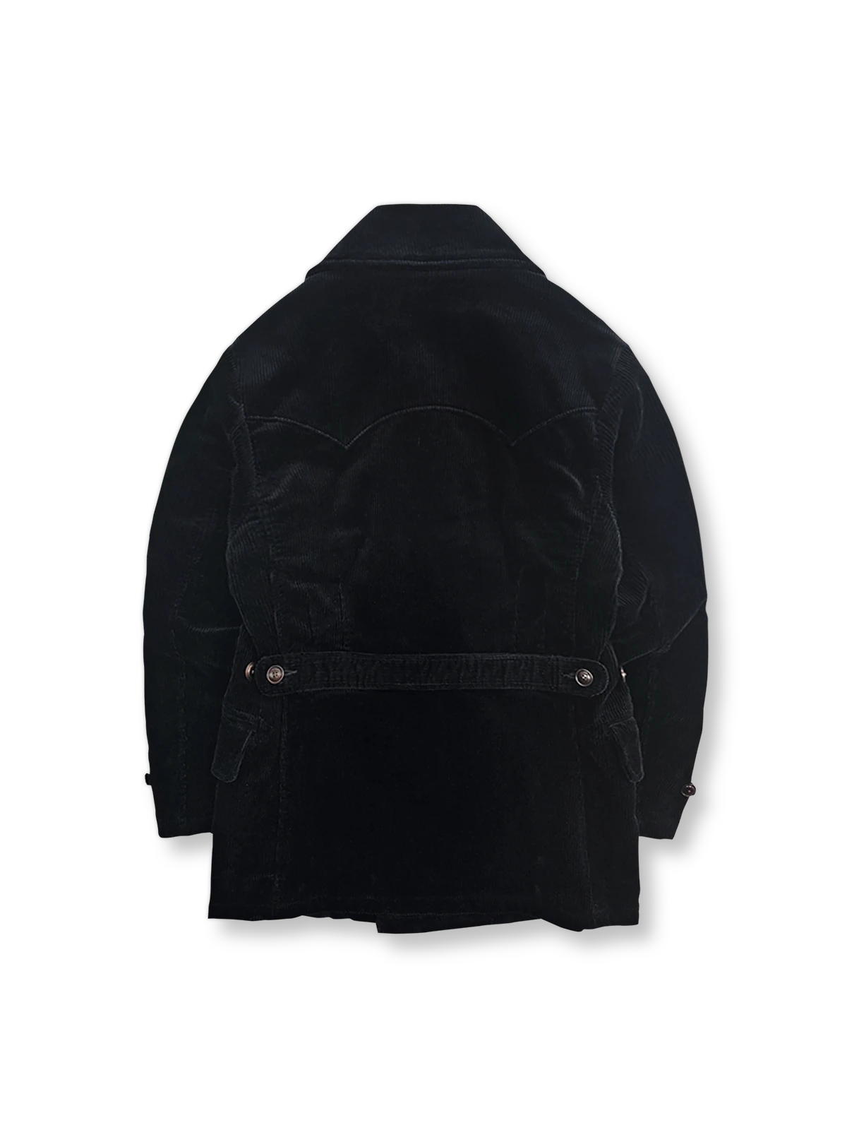 製品画像:ブラックコーデュロイ ダブルブレストコートの正面展示。重厚なコットン生地とクラシックなデザインが特徴。
詳細画像:ダブルブレスト構造とウール混紡ライナーのディテール展示。冬の防寒性とエレガントさを兼ね備えた仕様。