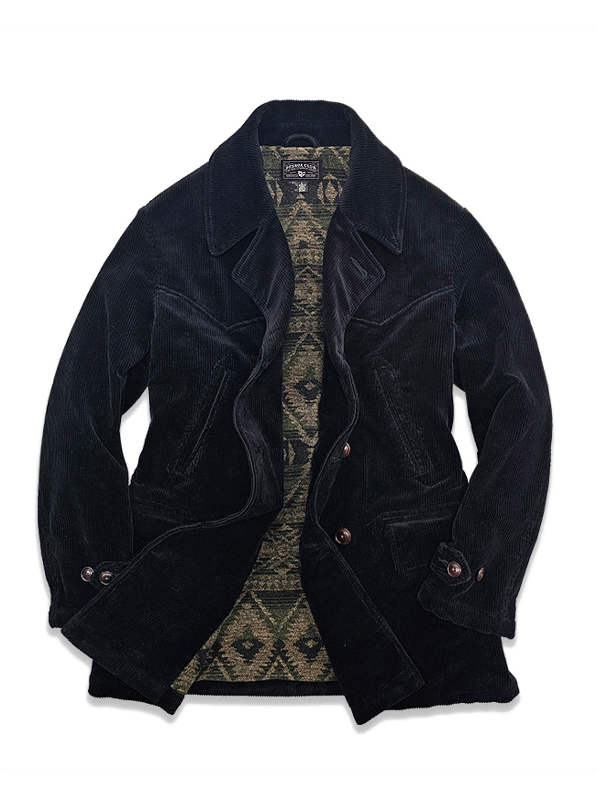 製品画像:ブラックコーデュロイ ダブルブレストコートの正面展示。重厚なコットン生地とクラシックなデザインが特徴。
詳細画像:ダブルブレスト構造とウール混紡ライナーのディテール展示。冬の防寒性とエレガントさを兼ね備えた仕様。