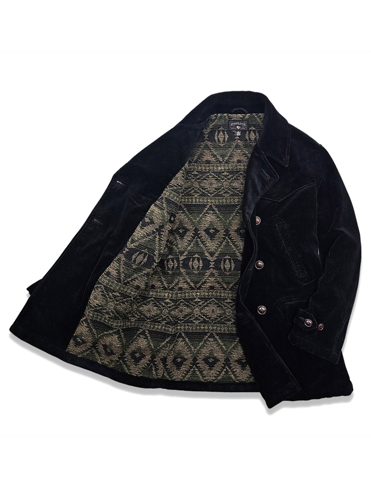 製品画像:ブラックコーデュロイ ダブルブレストコートの正面展示。重厚なコットン生地とクラシックなデザインが特徴。
詳細画像:ダブルブレスト構造とウール混紡ライナーのディテール展示。冬の防寒性とエレガントさを兼ね備えた仕様。