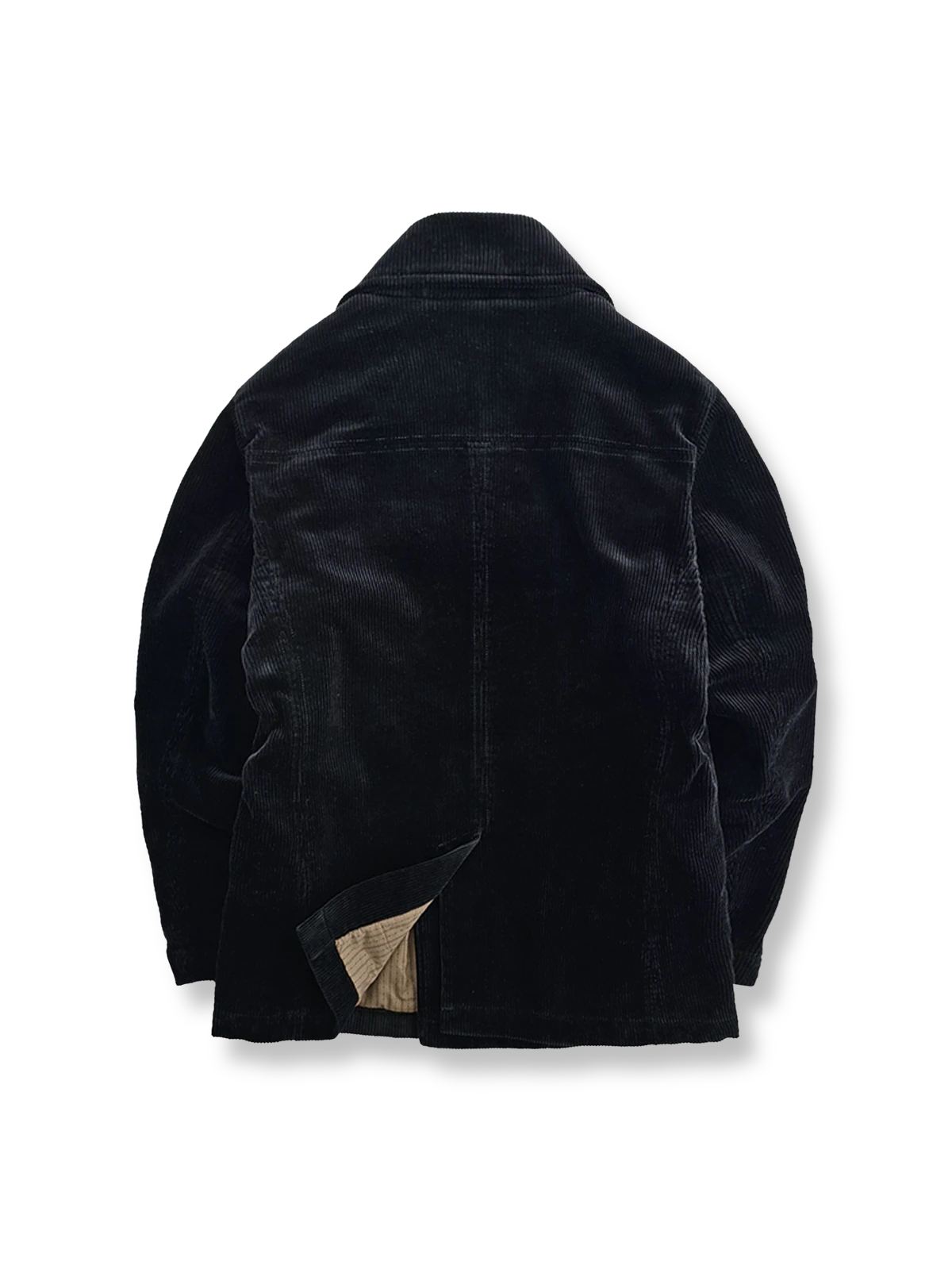 製品画像: コーデュロイ ダブルブレスト 中綿コート全体写真。100%コットン素材とクラシックなダブルブレストデザインが特徴のビジネスカジュアルに最適なコート。
詳細画像: 特殊織りのコーデュロイ生地の立体感、ダブルブレスト仕様、エレガントなワイドラペルを強調したディテール写真。