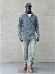 製品画像: インディゴジャカードデニムウォッシュジャケット全体写真。ジャカード織りとウォッシュ加工が際立つヴィンテージ風ワークジャケット。
詳細画像: ジャカードストライプ柄の立体感とインディゴ染めの深い色合い、水洗加工の風合いを表現したディテール写真。