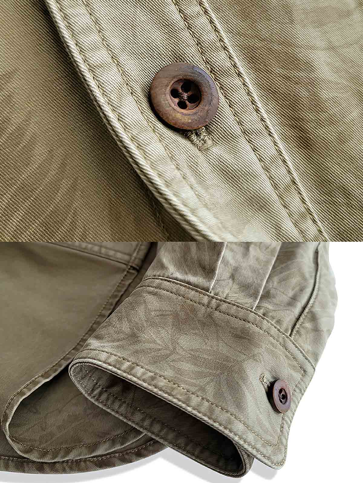 詳細画像: シャツの植物柄とディテールを示すクローズアップ画像