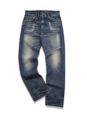 製品画像:アメカジ風の抜染加工ストレートデニムパンツの正面展示。100%コットン素材で、ウォッシュ加工と自然なヒゲデザインが特徴のヴィンテージスタイルのデニムパンツ。
詳細画像:抜染加工による色落ちと、クラシックなアメカジ風のヒゲデザインのディテールをクローズアップ。日系デニムの高い耐久性と美しい経年変化を表現。