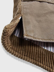 製品画像: コーデュロイワークベスト全体写真。100%コットン素材と多ポケットデザインが際立つアメカジスタイルのヴィンテージ風ベスト。
詳細画像: コーデュロイ素材の繊細な質感、多ポケットディテール、果実モチーフボタンのクラシックなアクセントを強調した写真。