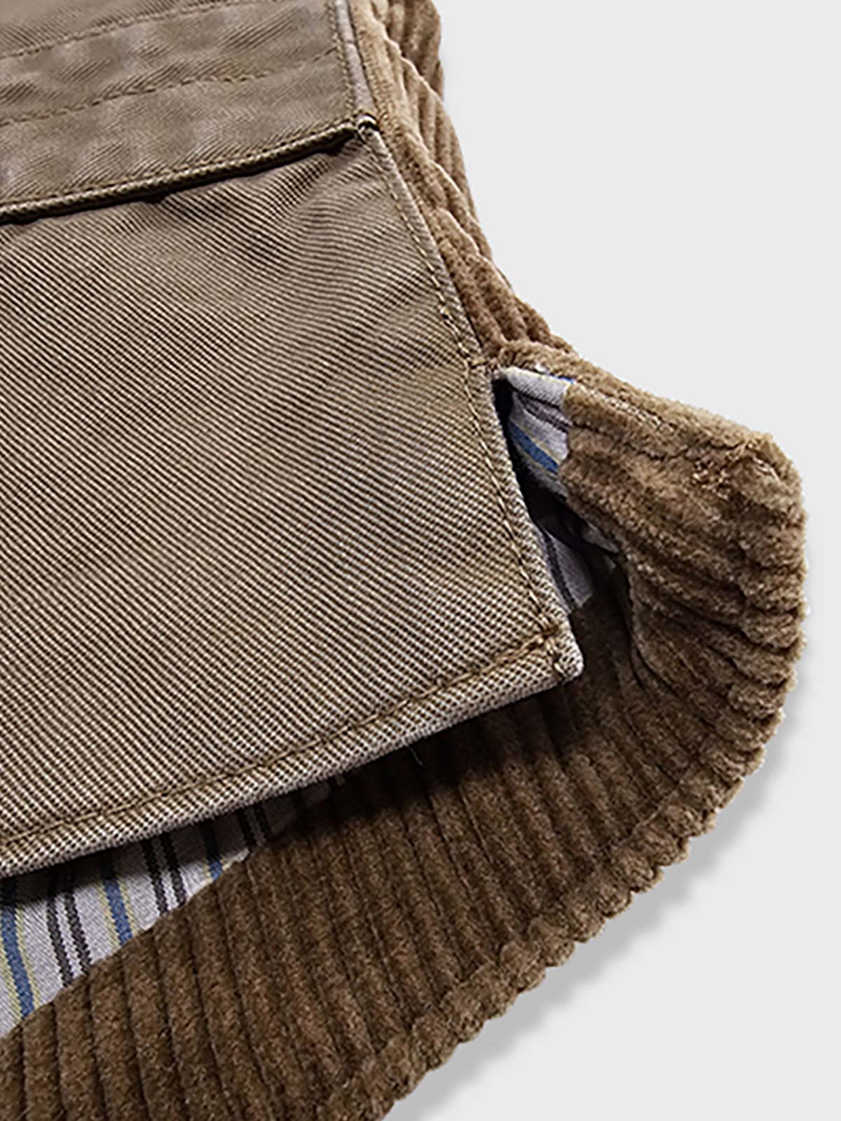 製品画像: コーデュロイワークベスト全体写真。100%コットン素材と多ポケットデザインが際立つアメカジスタイルのヴィンテージ風ベスト。
詳細画像: コーデュロイ素材の繊細な質感、多ポケットディテール、果実モチーフボタンのクラシックなアクセントを強調した写真。