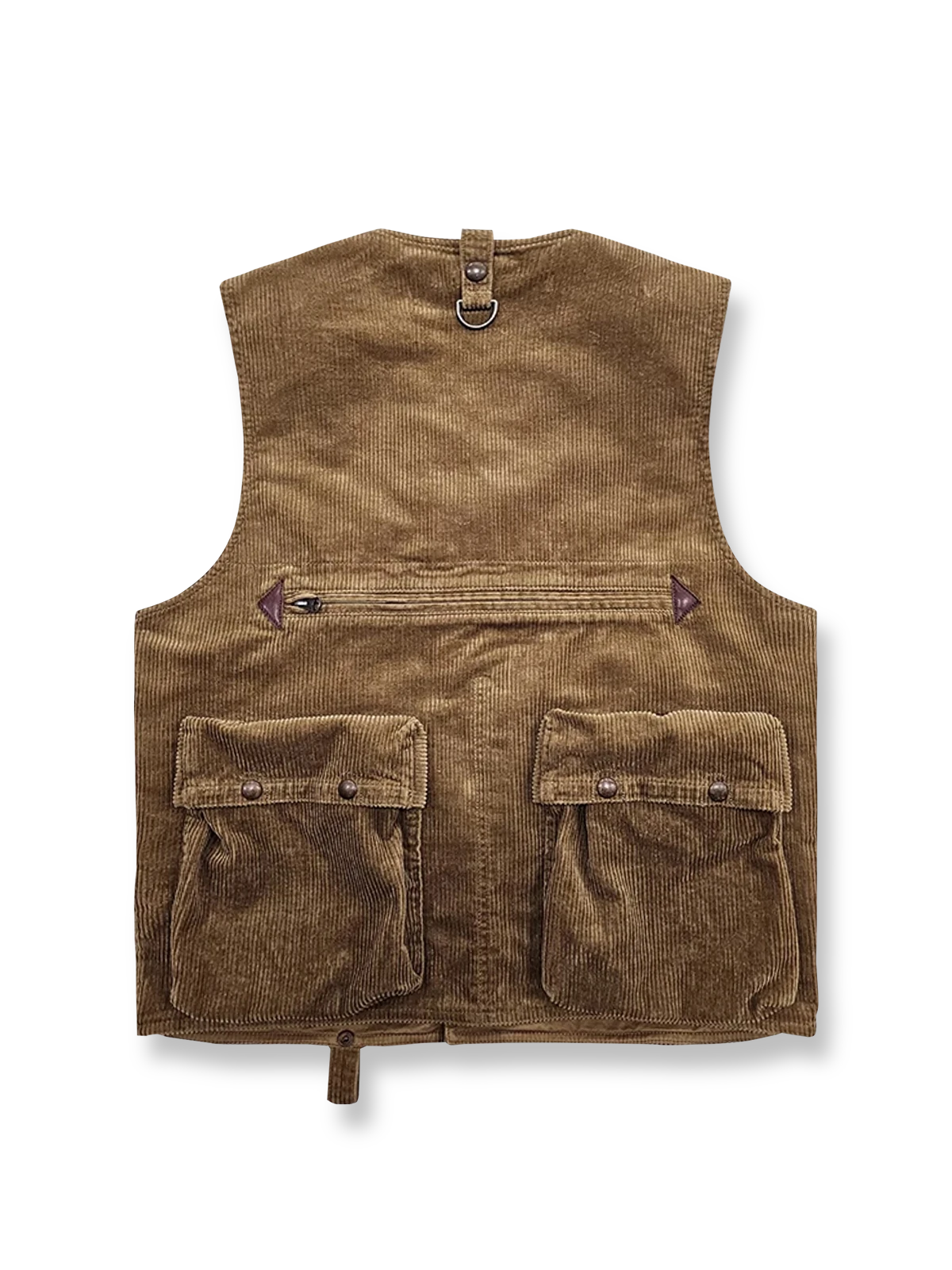 製品画像
多ポケット コーデュロイ ハンティング ベストの正面全体画像。クラシックなアメカジスタイルと100%コットン素材による耐久性が特徴の一着。
詳細画像
バーナー仕上げの天然牛角ボタン、多機能ポケット、アンティーク加工の金属スナップボタンのディテールをクローズアップした画像。上質感と実用性を強調した仕上がり。