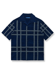 藍染チェック ジャカード キューバカラー 半袖シャツ