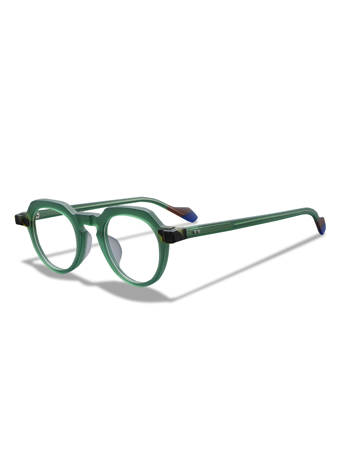 メガネのキーホールブリッジとカラフルなテンプルの詳細