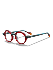 メガネのキーホールブリッジとカラフルテンプルのディテール特写