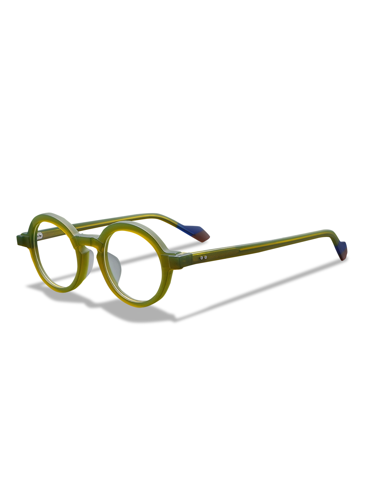 メガネのキーホールブリッジとカラフルテンプルのディテール特写