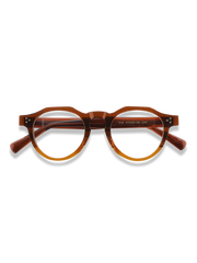 ハンドメイドアンバーフレームブルーライトカットメガネ正面展示