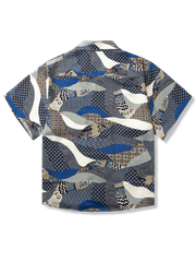 青い パッチワーク柄 アロハシャツ