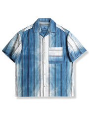 藍染グラデーション ストライプ綿麻半袖シャツ