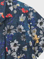 ブルー 花柄 アロハシャツ