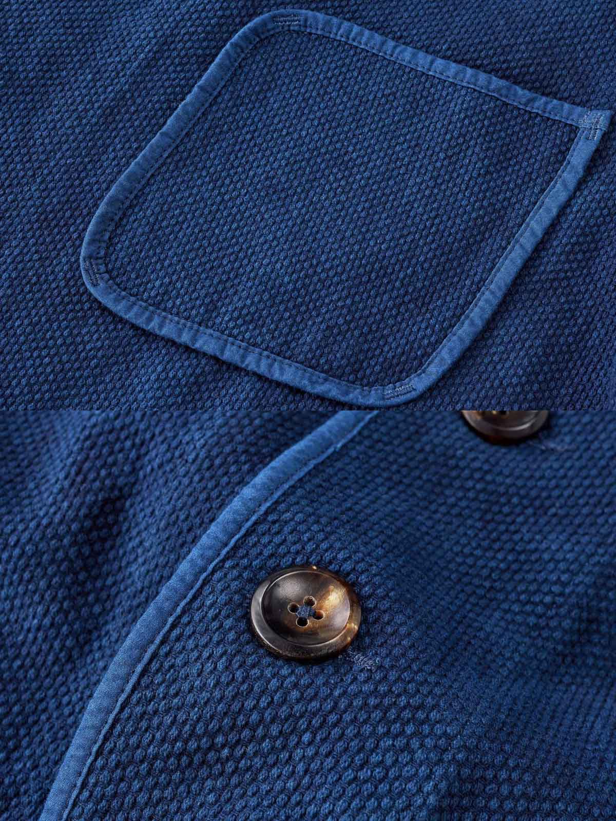 剣道刺し子の風合いと水牛ボタンのクローズアップ