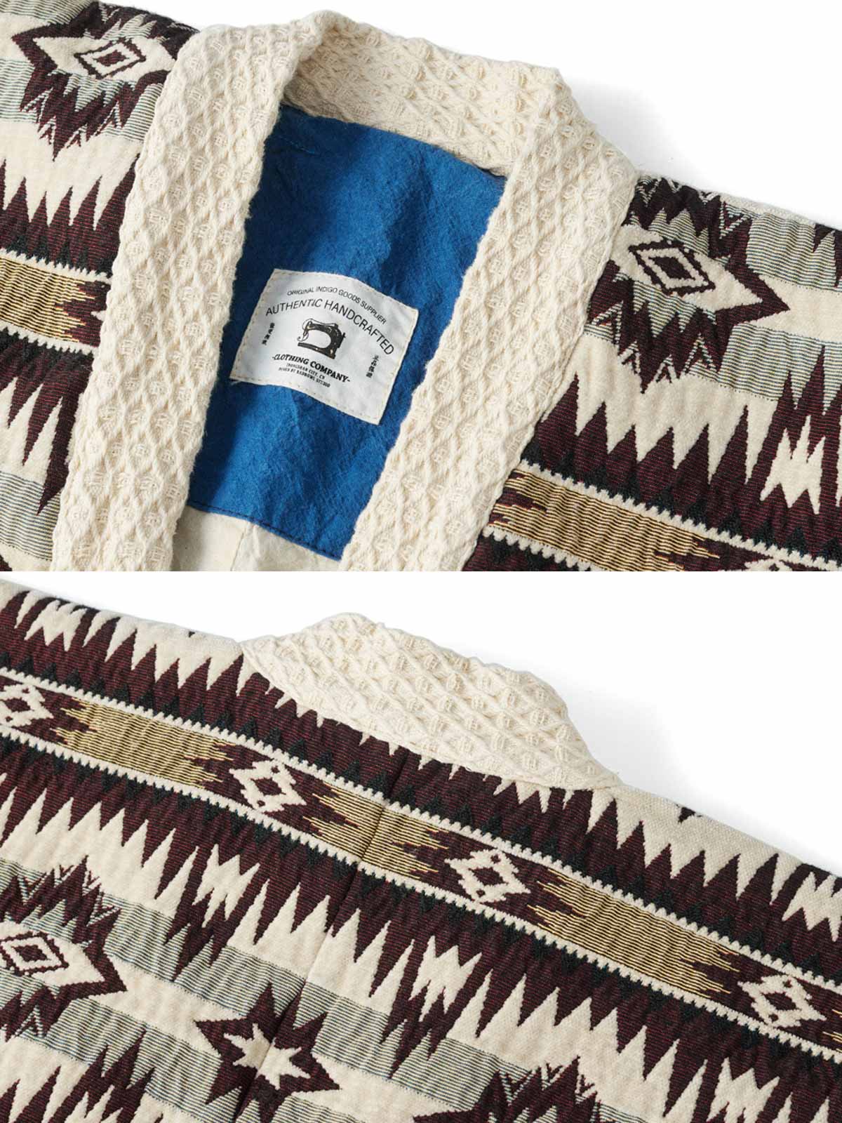 シェニール生地とインディアン柄ジャカード、古銅色ボタンのディテールアップ