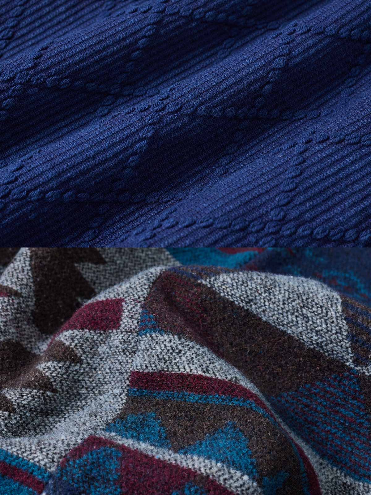 製品画像:
手作り藍染と刺子技法を融合したレトロなデザインのはんてん。伝統的な刺子生地に藍染めの手作業による色彩グラデーションが特徴で、優れた保温性を持つ550gのヘビーウェイト素材。
詳細画像:
藍染めと刺子技法で仕上げられたディテール。民族風の幾何学模様の内衬や、ボタンレスのシンプルなデザインが特徴。重ね着に最適なゆったりシルエット。
