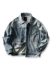 製品画像: ジャパンテイストのハンドメイドヴィンテージデニムジャケットの全体画像、クラシックで独特な風合いが際立つ。
詳細画像: デニムジャケットの手作業による擦れ加工とダメージウォッシュディテール、ヴィンテージ感を強調。