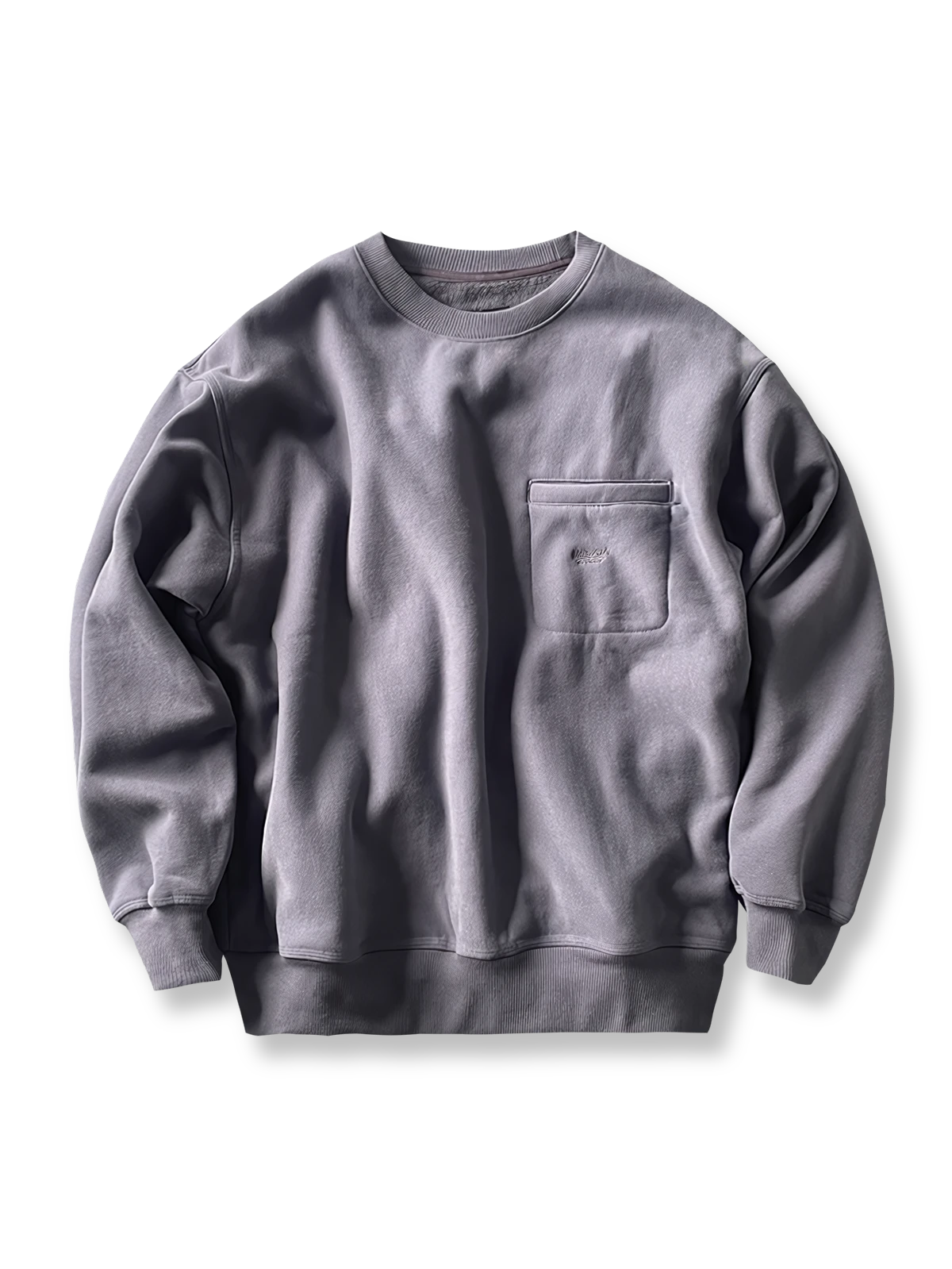 製品画像: ライムイエロー起毛裏起毛スウェットシャツの正面画像、快適で暖かいデザインが特徴。
詳細画像: 胸ポケットと起毛生地のディテール画像、柔らかな質感が際立つ。