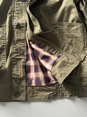 製品画像: オレンジカラーのダブルスタンドカラーワークジャケットの正面画像、実用的でスタイリッシュなデザインが特徴。
詳細画像: 袖部のジッパーポケットとスタンドカラーデザインのディテール画像、ワークスタイルを強調。