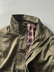 製品画像: オレンジカラーのダブルスタンドカラーワークジャケットの正面画像、実用的でスタイリッシュなデザインが特徴。
詳細画像: 袖部のジッパーポケットとスタンドカラーデザインのディテール画像、ワークスタイルを強調。