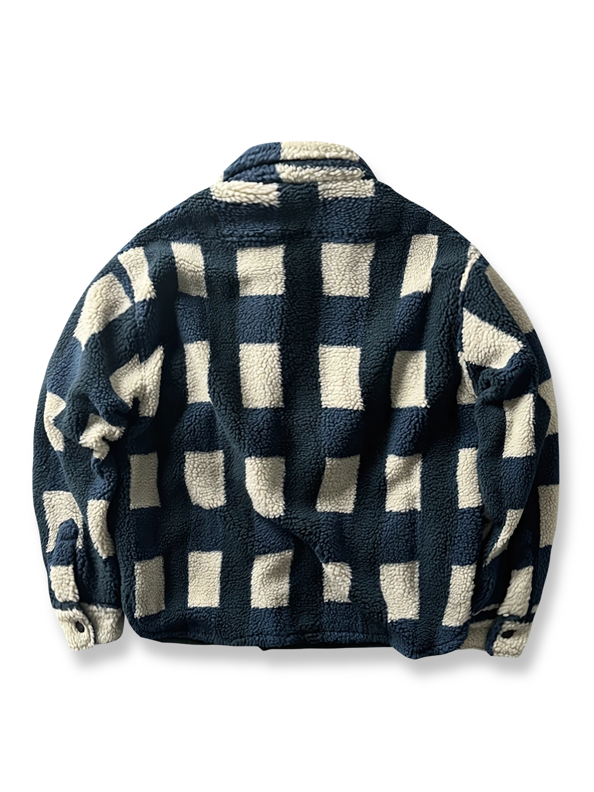 製品画像: ヴィンテージトライバルパターン シープボアシャツの正面画像、トライバルパターンが際立つデザイン。
詳細画像: シープボア素材とトライバルパターンのディテール画像、ヴィンテージ感を強調。