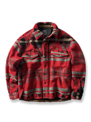 製品画像: ヴィンテージトライバルパターン シープボアシャツの正面画像、トライバルパターンが際立つデザイン。
詳細画像: シープボア素材とトライバルパターンのディテール画像、ヴィンテージ感を強調。