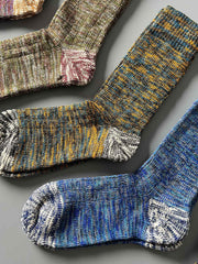 製品画像: カラーミックスヴィンテージロングソックスの5足セット展示、カジュアルで暖かいデザインが特徴。
詳細画像: カラフルなミックス糸で編まれた太糸ソックスのディテール画像、ヴィンテージ感を強調。