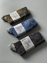 製品画像: カラーミックスヴィンテージロングソックスの5足セット展示、カジュアルで暖かいデザインが特徴。
詳細画像: カラフルなミックス糸で編まれた太糸ソックスのディテール画像、ヴィンテージ感を強調。