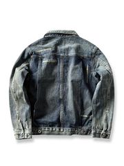 製品画像: ヴィンテージ感あふれるウォッシュ・ダメージ加工セルビッジデニムジャケット全体画像
詳細画像: セルビッジディテールとダメージ加工のアップ、ヘビーウェイトデニム