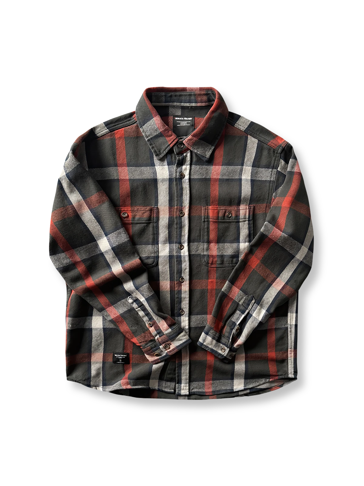 ヴィンテージ風重厚なチェック柄長袖シャツ全体画像、厚手コットン素材とクラシックなデザイン
詳細画像:
チェック柄デザインと胸の二つポケットディテール、ヴィンテージ感あるデザイン