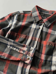 ヴィンテージ風重厚なチェック柄長袖シャツ全体画像、厚手コットン素材とクラシックなデザイン
詳細画像:
チェック柄デザインと胸の二つポケットディテール、ヴィンテージ感あるデザイン