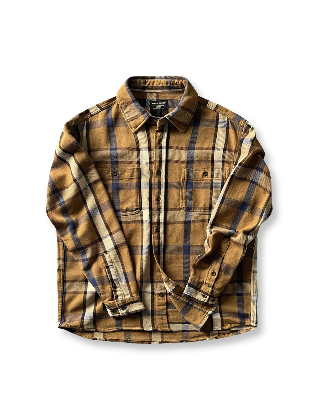 ヴィンテージ風重厚なチェック柄長袖シャツ全体画像、厚手コットン素材とクラシックなデザイン
詳細画像:
チェック柄デザインと胸の二つポケットディテール、ヴィンテージ感あるデザイン