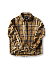 ヴィンテージ風重厚なチェック柄長袖シャツ全体画像、厚手コットン素材とクラシックなデザイン
詳細画像:
チェック柄デザインと胸の二つポケットディテール、ヴィンテージ感あるデザイン