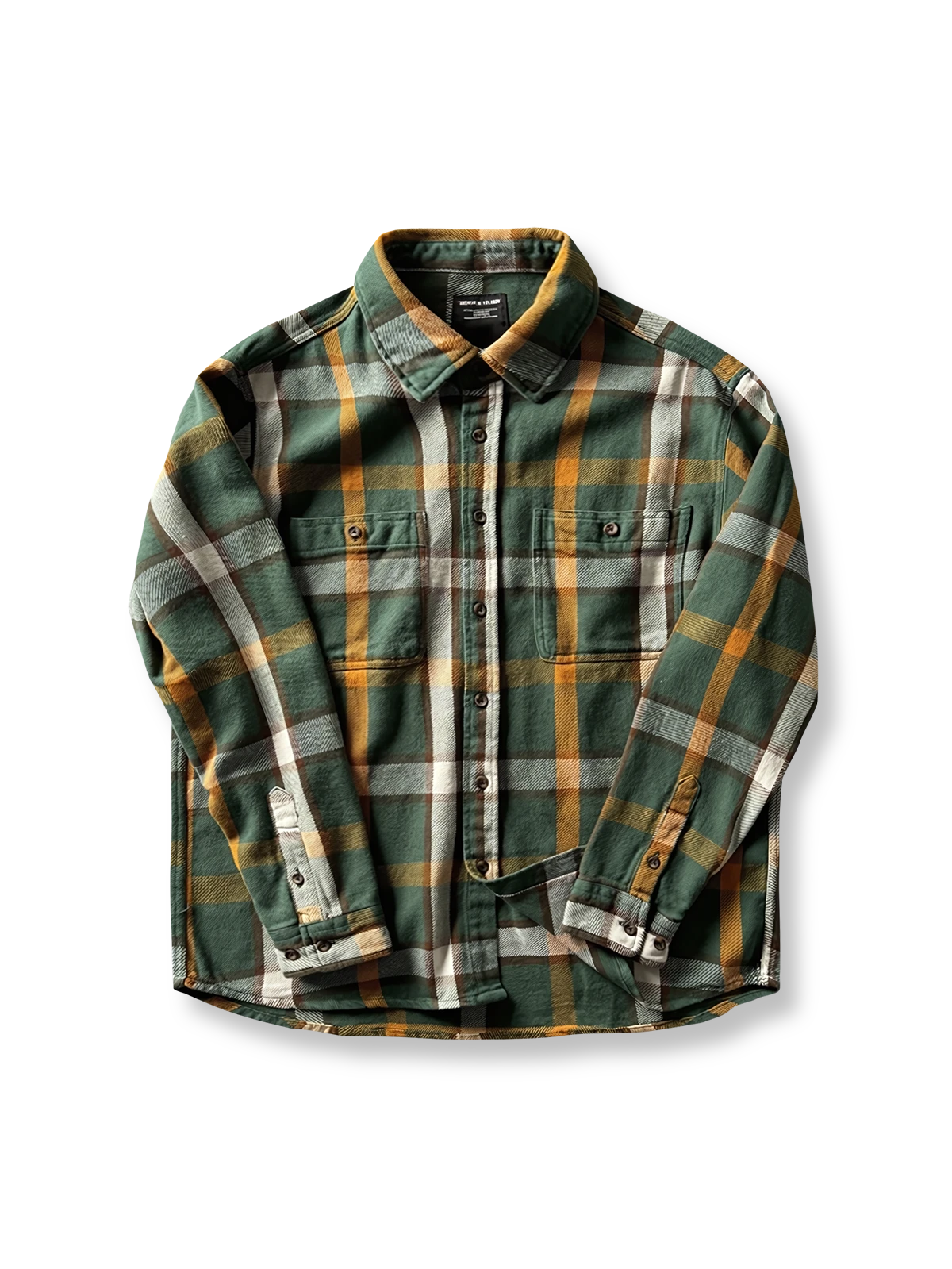 ヴィンテージ風重厚なチェック柄長袖シャツ全体画像、厚手コットン素材とクラシックなデザイン
詳細画像:
チェック柄デザインと胸の二つポケットディテール、ヴィンテージ感あるデザイン