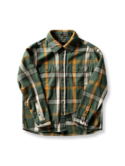 ヴィンテージ風重厚なチェック柄長袖シャツ全体画像、厚手コットン素材とクラシックなデザイン
詳細画像:
チェック柄デザインと胸の二つポケットディテール、ヴィンテージ感あるデザイン