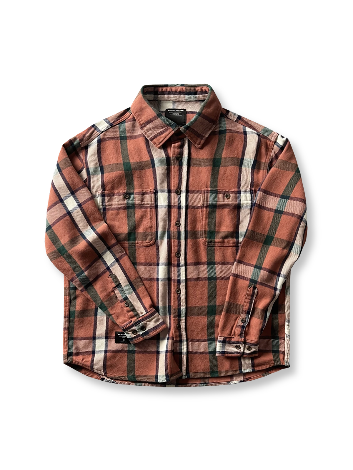 ヴィンテージ風重厚なチェック柄長袖シャツ全体画像、厚手コットン素材とクラシックなデザイン
詳細画像:
チェック柄デザインと胸の二つポケットディテール、ヴィンテージ感あるデザイン