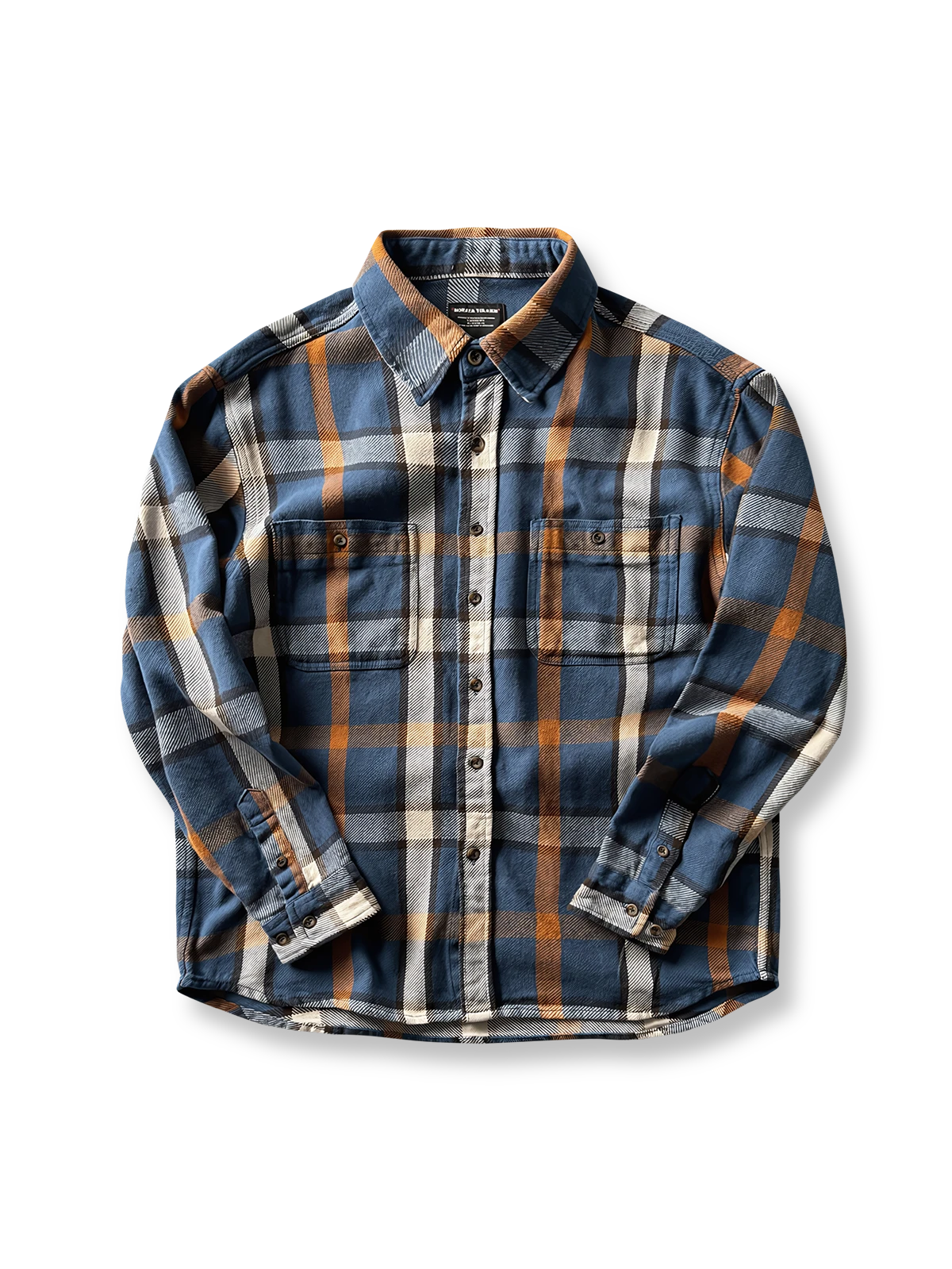 ヴィンテージ風重厚なチェック柄長袖シャツ全体画像、厚手コットン素材とクラシックなデザイン
詳細画像:
チェック柄デザインと胸の二つポケットディテール、ヴィンテージ感あるデザイン