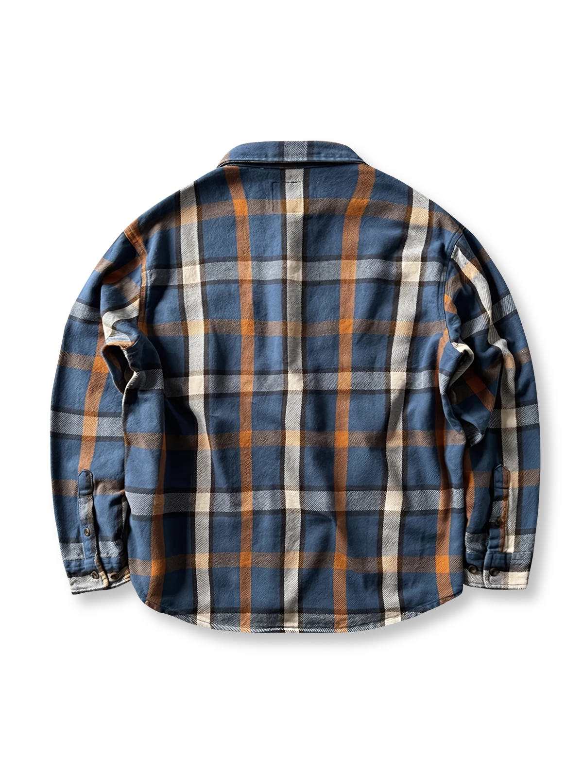 ヴィンテージ風重厚なチェック柄長袖シャツ全体画像、厚手コットン素材とクラシックなデザイン
詳細画像:
チェック柄デザインと胸の二つポケットディテール、ヴィンテージ感あるデザイン