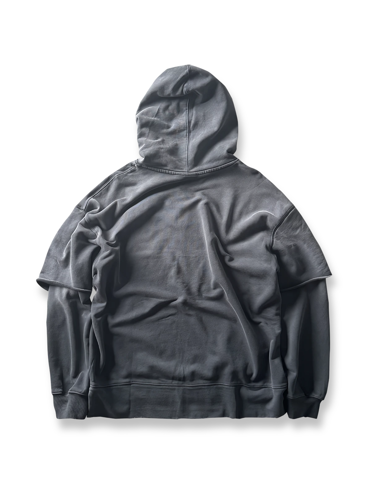 製品画像: ヴィンテージ加工のピグメント染めフード付きパーカーの全体画像、ヘビーウェイトで快適な着心地。
詳細画像: パーカーのピグメント染めとロゴ刺繍のディテール画像、独特の風合いを強調。