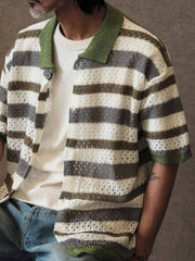 配色ストライプ透かし編みニット半袖カーディガン