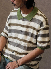 配色ストライプ透かし編みニット半袖カーディガン